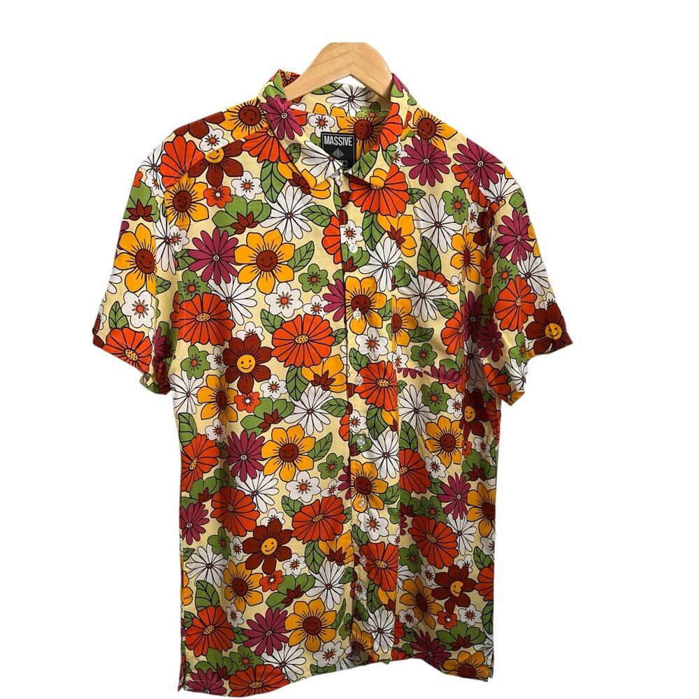 Massive Men's Short Sleeve Shirt Floral Retro Daisy Print Groovy Size Large